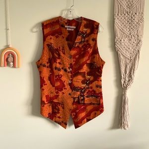 Anne Pinkerton | Travel Map Sleeveless Button Down Vest | burnt orange